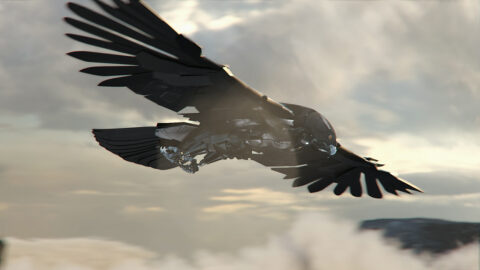 A majestic mechanical eagle soars through a cloudy sky, embodying a fusion of nature and advanced technology.