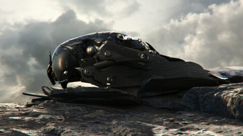 A sleek, futuristic black vehicle perched on rocky terrain under a cloudy sky, seemingly ready to explore a rugged, otherworldly landscape.