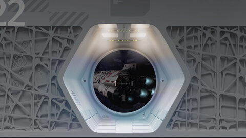 Vaisseau spatial vu à travers une fenêtre hexagonale futuriste