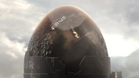 Œuf noir technologique avec détails futuristes sur fond nuageux