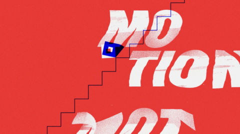 Texte "MOTION" en blanc sur fond rouge avec des lignes noires en escalier.