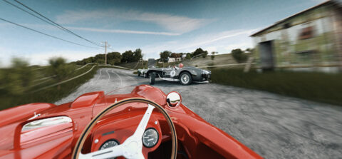 Un moment palpitant dans une course de voitures classiques, capturé du point de vue du conducteur, montrant deux véhicules concurrents côte à côte sur une route de campagne pittoresque.