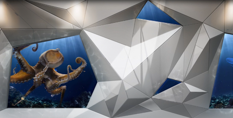 Une pieuvre curieuse explore son environnement aquatique, encadrée par un design mural géométrique saisissant composé de polygones de différentes nuances de gris, créant une fusion fascinante entre la grâce naturelle, l'architecture moderne et le design sonore multicanal.
