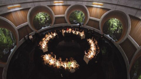 Dîner en cercle dans une salle avec de grandes fenêtres donnant sur la forêt