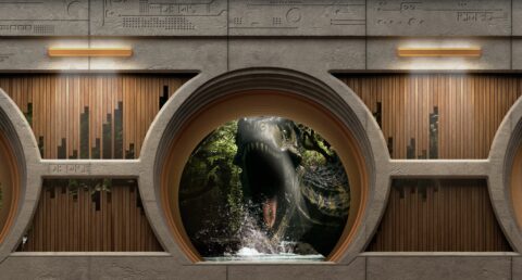 Tête d'un dinosaure rugissant visible à travers une fenêtre circulaire avec des éléments architecturaux modernes.