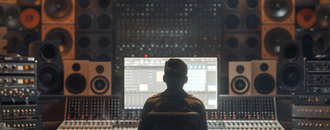 Un sound designer, assis devant une console de mixage dans un studio d'enregistrement. Il regarde un écran d'ordinateur avec une interface de production audio. Le mur en face de lui est couvert de haut-parleurs de différentes tailles.
