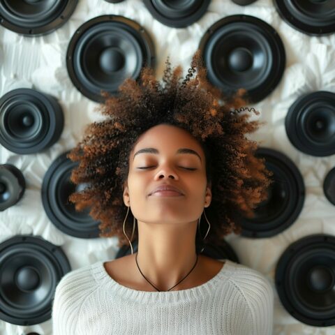 Une jeune femme avec des cheveux bouclés et naturels, les yeux fermés, appuyée contre un mur recouvert de haut-parleurs noirs. Elle porte un pull blanc et des boucles d'oreilles.