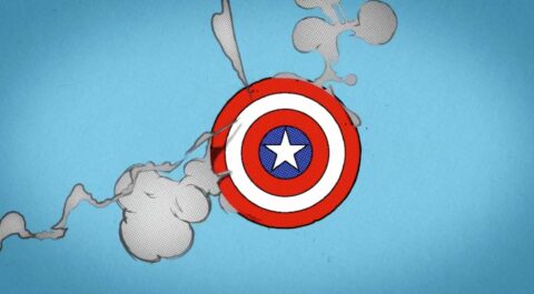 Bouclier rouge et blanc avec une étoile bleue sur fond bleu et fumée.