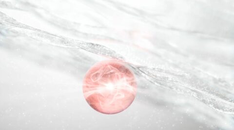 Boule rose entourée de textures blanches et argentées sur fond clair.