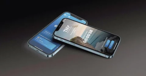 Deux smartphones affichant l'application TNV avec un compte à rebours et une image de paysage.