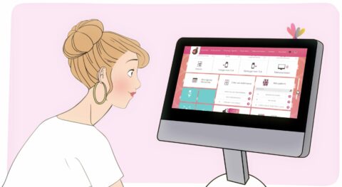 Illustration d'une femme regardant un écran d'ordinateur avec une interface utilisateur colorée.