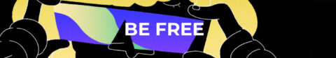 L'image montre un dessin de deux mains tenant un appareil, probablement un smartphone, avec un écran coloré montrant un motif abstrait. Les couleurs de l'écran sont principalement des teintes de vert et de bleu. Le texte "BE FREE" est affiché en grandes lettres blanches au centre de l'écran.