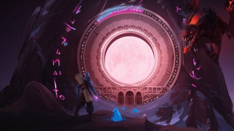 Un aventurier solitaire se tient devant un portail scintillant, d'où émerge un dragon majestueux au milieu d'un tourbillon d'énergie.