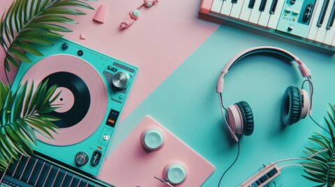 Équipement musical rétro en pastel rose et bleu, incluant un tourne-disque et des écouteurs.