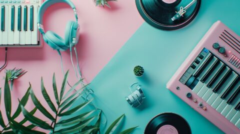 Accessoires musicaux en rose et bleu pastel, incluant un casque, des disques vinyles, un clavier et des plantes.